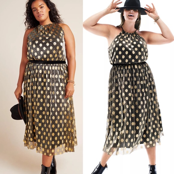 Anthropologie Metallic Polka Dot Halter Midi Dress - Picture 8 of 11